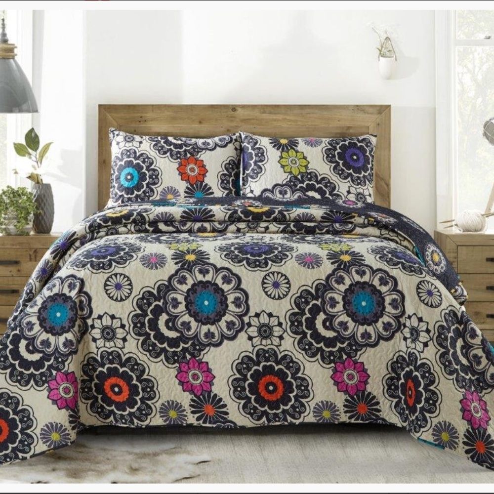 Boho Mandala Pattern Printed Queen Size Quilt Set Farmhouse Floral Cottage